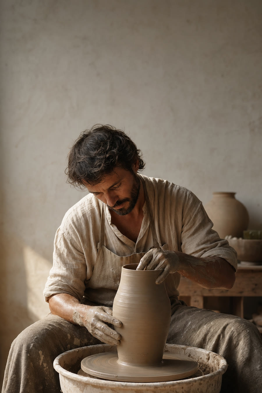Artesão modelando um vaso de argila, representando a construção cuidadosa da identidade.