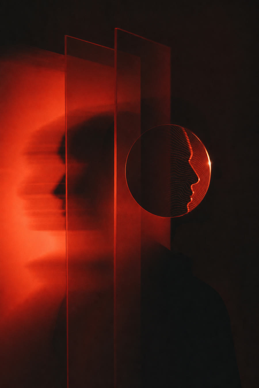 Perfil abstrato atravessado por planos de luz vermelha, representando análise e novas perspectivas.